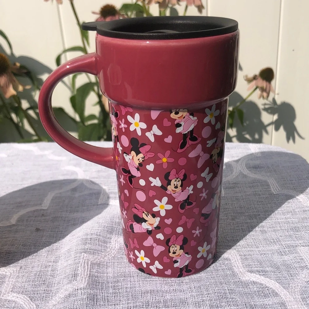 DISNEY MINNIE MOUSE soup hot chocolate mug w/ spoon & travel mug with lid